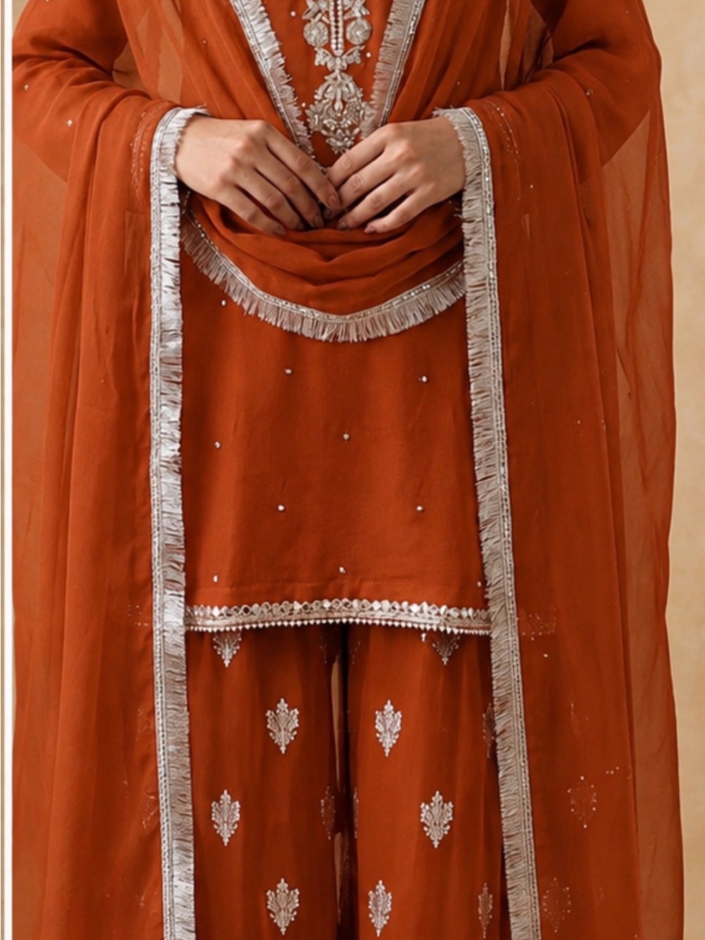 Womens Rust Embroidered Palazzo Pants & Kameez Set